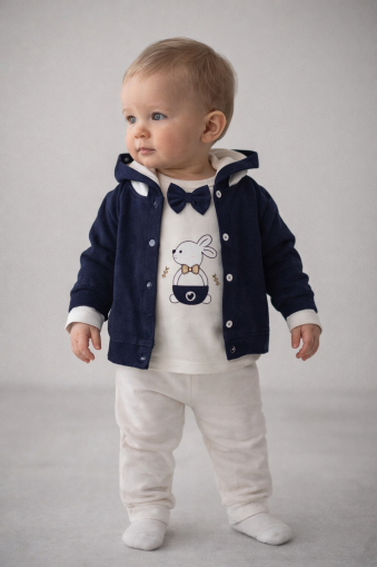 Set de 3 piese cu glugă, brodat cu iepure, BABYIM 3/9 luni A33