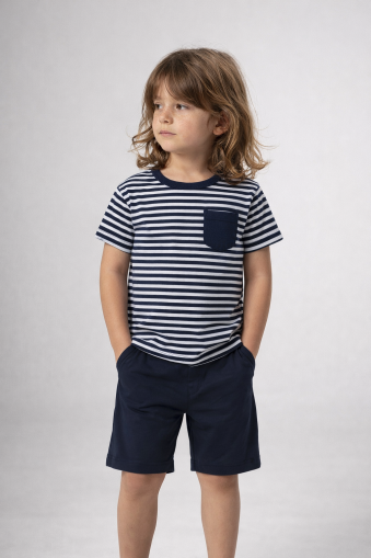 Memoza Set pentru Băieți 2–5 Ani, cu Pantaloni Capri, Dungi și Buzunare A20