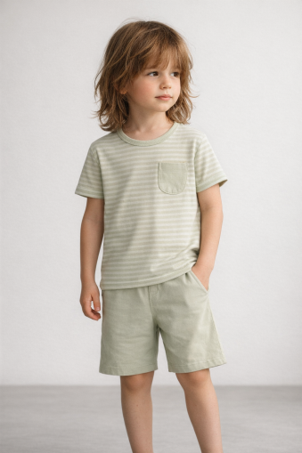 Memoza Set pentru Băieți 2–5 Ani, cu Pantaloni Capri, Dungi și Buzunare A20