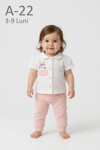 BABYIM Set bebeluși 3–9 luni 2 piese cu buzunar și broderie iepuraș