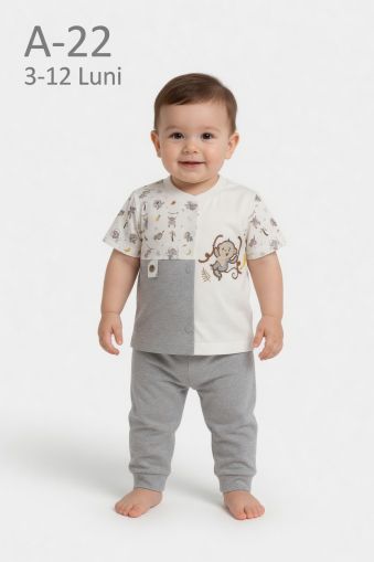 BABYIM Set bebeluși 3–12 luni 2 piese cu broderie maimuță