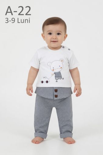 BABYIM Set bebeluși 3–9 luni 2 piese cu broderie pisică în mașinuță