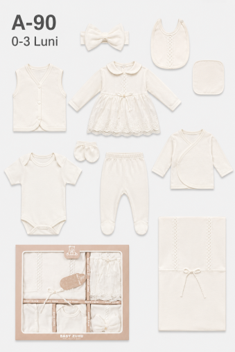 BABY ZUHU Set bebe 0–3 luni 10 piese cu dantelă brodată și bandană