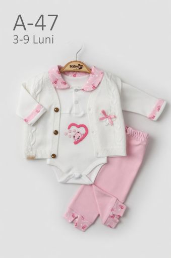 BABYIM Set bebeluși 3–9 luni 3 piese cu cardigan și broderie inimă