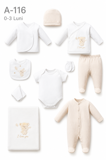 BEBITOF Set bebe 0–3 luni 10 piese cu ursuleț îmbrățișat