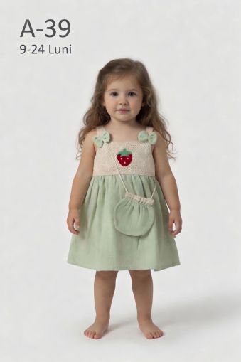 ÇİLEK BEBE Rochie muselină 9–24 luni cu căpșuni și geantă