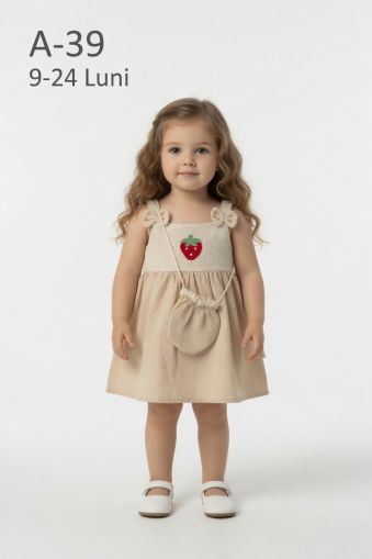 ÇİLEK BEBE Rochie muselină 9–24 luni cu căpșuni și geantă