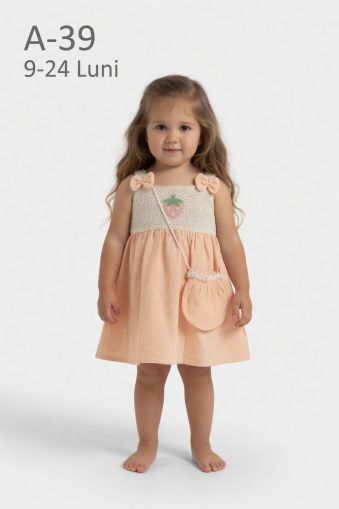 ÇİLEK BEBE Rochie muselină 9–24 luni cu căpșuni și geantă