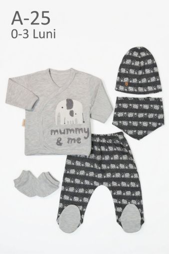 BABYIM Set bebe 0–3 luni 5 piese „Mummy & Me” cu elefănțel
