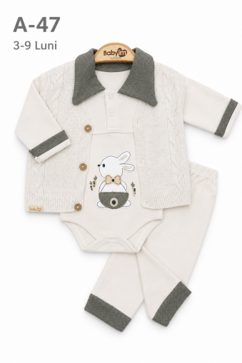 BABYIM Set bebeluși 3–9 luni 3 piese cu vestă și broderie iepuraș