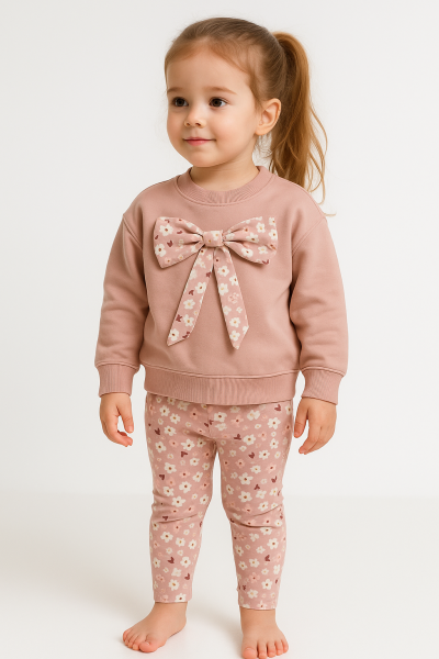 Costum de fetiță My Bella 2-3-4-5 ani, din bumbac pieptănat, cu fundă A52