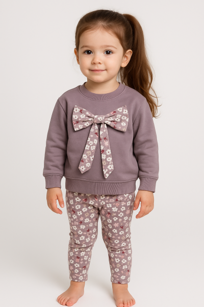 Costum de fetiță My Bella 2-3-4-5 ani, din bumbac pieptănat, cu fundă A52
