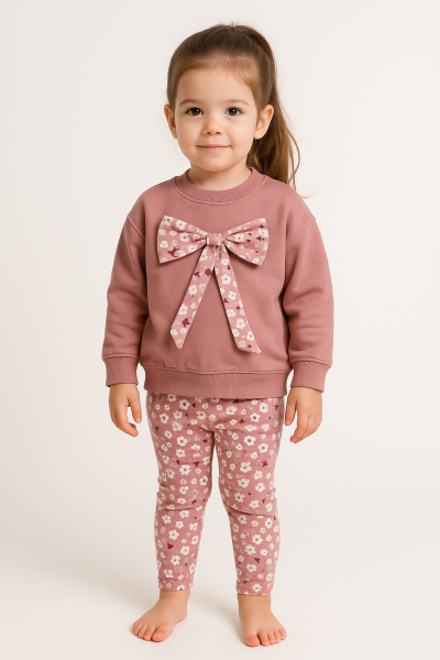 Costum de fetiță My Bella 2-3-4-5 ani, din bumbac pieptănat, cu fundă A52