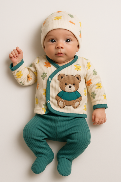 Set body Zem Baby 0-3 luni, 3 piese, model ursuleț de pluș A38
