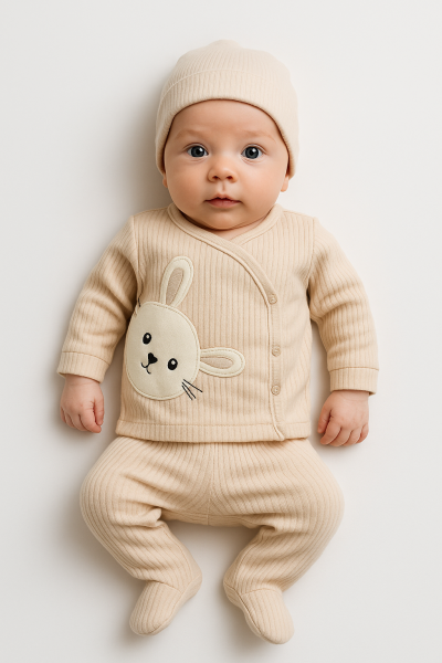 Body pentru bebeluși Nana Baby 0-3 luni, format din 3 piese, cu broderie cu iepuri A38