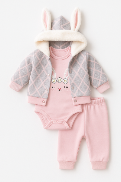 Set de 3 piese pentru bebeluși cu brodat iepure Babyim 0-3-6-9 luni A50