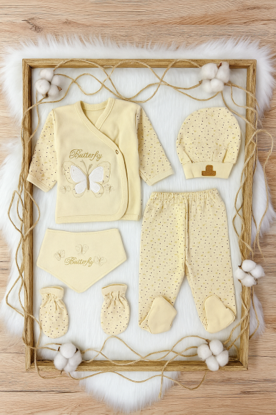 Set Nou-născut Organic Concon 0-3 Luni 5 Piese Brodat Fluture Bej A58