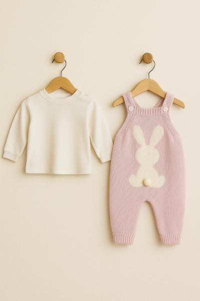 Salopetă tricotată MINIKAY UNISEX 6-9-12 LUNI cu imprimeu de grădinar Iepure A27