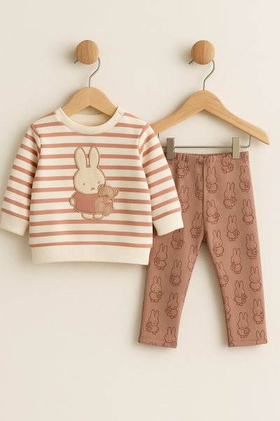 Set bebeluși Bip Baby 6-9-12-18 luni, cu dungi și broderie de iepure A30