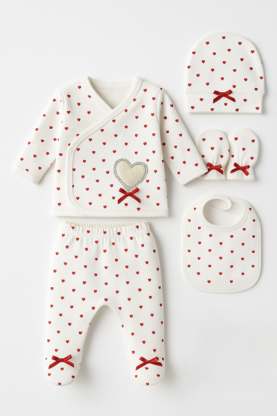 SET DE EXTERNARE DIN SPITAL PENTRU NOU-NĂSCUT, IMPRIMAT CU INIMĂ, 0-3 LUNI, 5 PIESE A26