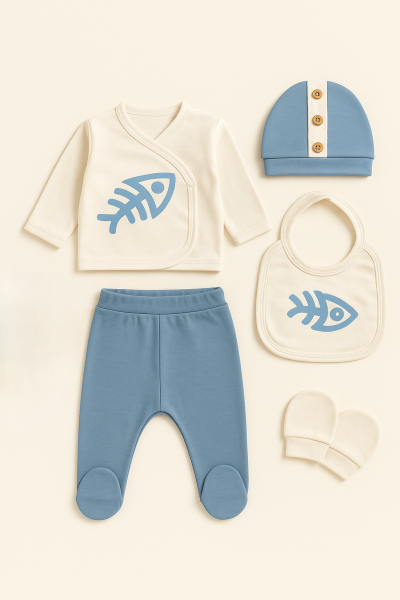 SET SERDE BABY NOU-NĂSCUT 0-3 LUNI IMPRIMAT CU PEȘTI A35