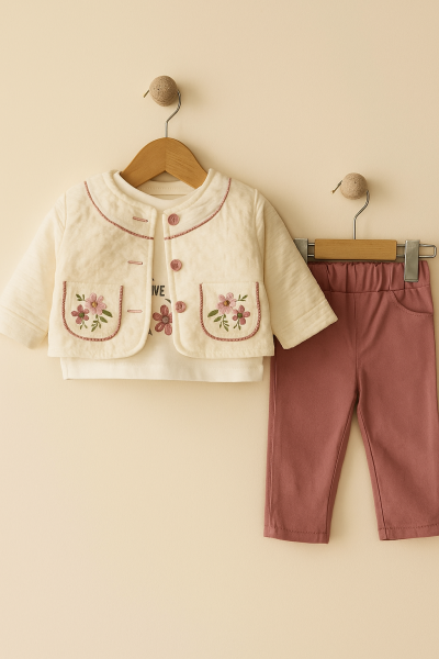 SET MIRKON 9-12-18-24 LUNI CU 3 PIESE CU BRODERIE CU FLORI PE BUZUNARE A59