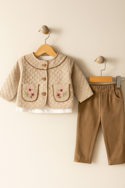 SET MIRKON 9-12-18-24 LUNI CU 3 PIESE CU BRODERIE CU FLORI PE BUZUNARE A59