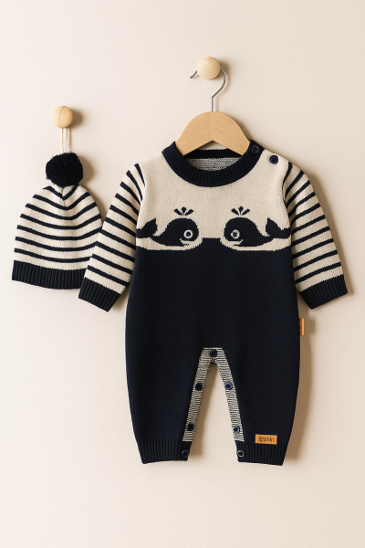 Salopetă tricotată ULUDAĞ cu pălărie tip balenă pentru copii 6-9-12 luni A29