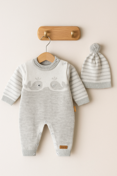 Salopetă tricotată ULUDAĞ cu pălărie tip balenă pentru copii 6-9-12 luni A29