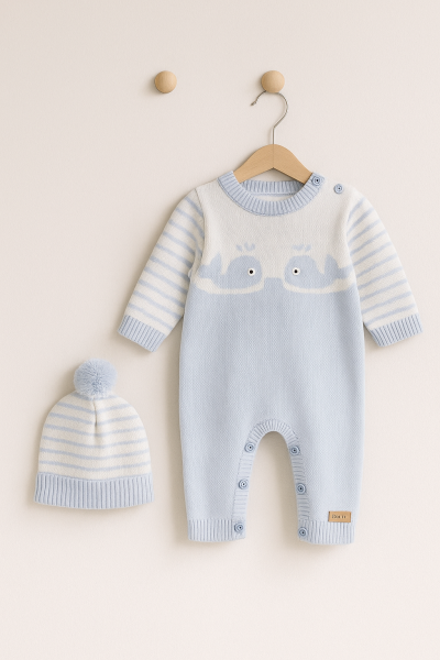 Salopetă tricotată ULUDAĞ cu pălărie tip balenă pentru copii 6-9-12 luni A29