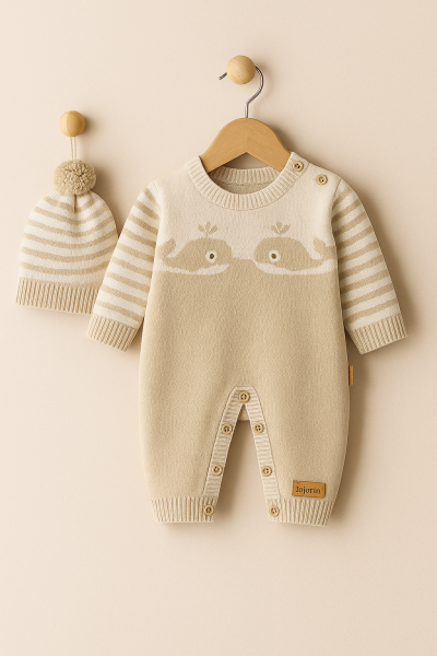 Salopetă tricotată ULUDAĞ cu pălărie tip balenă pentru copii 6-9-12 luni A29