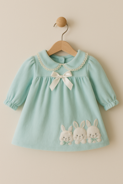 ROCHIE DE CATIFEA BRODATĂ CU IEPURE 6-9-12 Luni A29