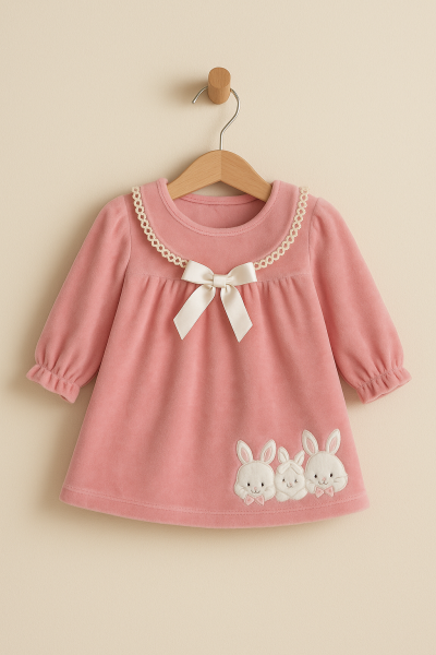 ROCHIE DE CATIFEA BRODATĂ CU IEPURE 6-9-12 Luni A29