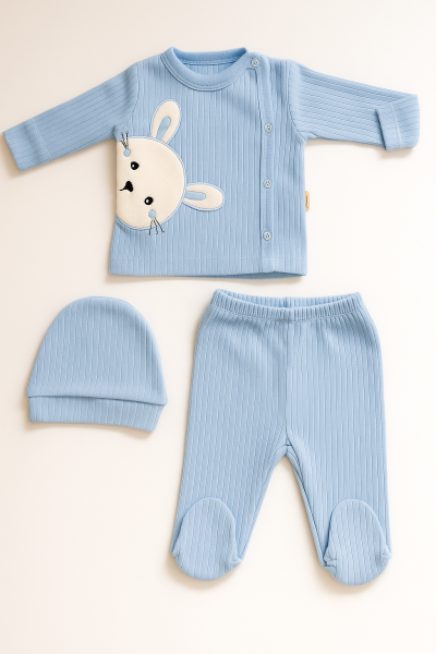 Body pentru bebeluși Nana Baby 0-3 luni, format din 3 piese, cu broderie cu iepuri A22