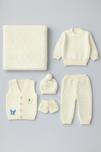 SET TRICOTAJ İNCİLAY 0-3 LUNI CU FLUTURI A54