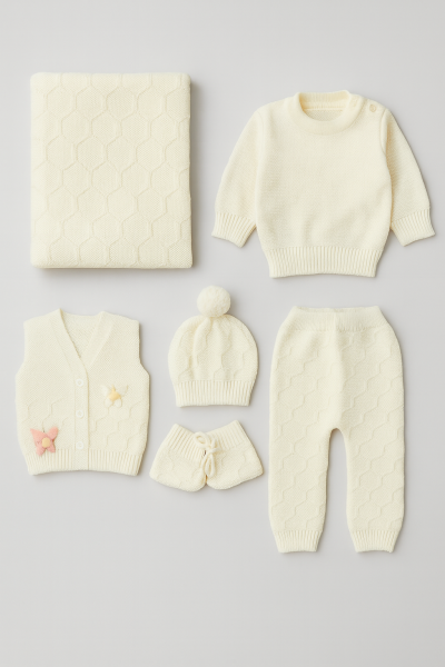 SET TRICOTAJ İNCİLAY 0-3 LUNI CU FLUTURI A54