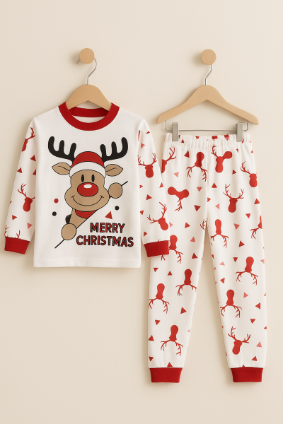 Set de pijamale din bumbac SuperMini cu imprimeu de reni „Merry Christmas” pentru copii 4-9 ani A30