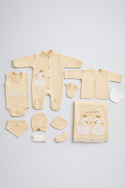 Set Concon pentru nou-născuți organici, 0-3 luni, cu 5 piese, cu broderie cu lebădă A85