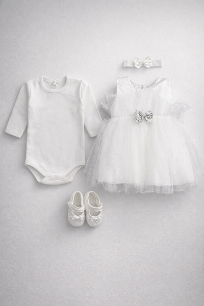 SET DE BOTEZ CLASIC DIN TUL CU MODEL FLUTURI BABYSHAH A29