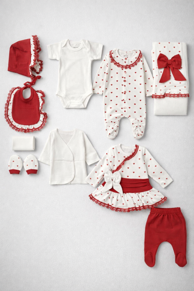 Set nou-născut MINICAYZEN cu fundă din dantelă în formă de inimă, 0-3 luni, format din 10 piese A108