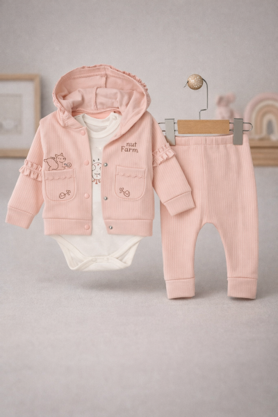 JUUTALUX SET 3 PIESE CU RAPORT, BRODAT CU VEVERIȚĂ, 3-6-9-12 LUNI A29