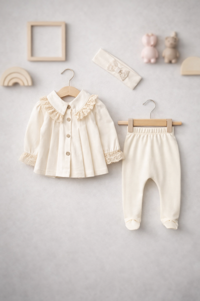 SET BABY AURA 0-3 LUNI, 3 PIESE, CU TIVUL DIN DANTELĂ LA GULER A34