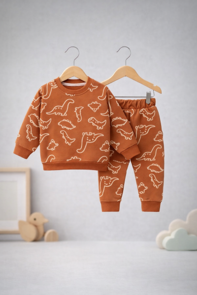 Costum simplu cu imprimeu dinozauri pentru copii CİCİBEN 6/24 luni A26
