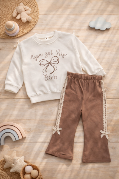 Costum BYMURAT 6/24 luni cu imprimeu „YOU GOT THIS GIRL” și funde A26