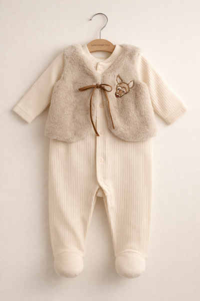 Salopetă tip vestă BYMURAT, 0-3-6-9-12 luni, brodată cu cerbi, A29