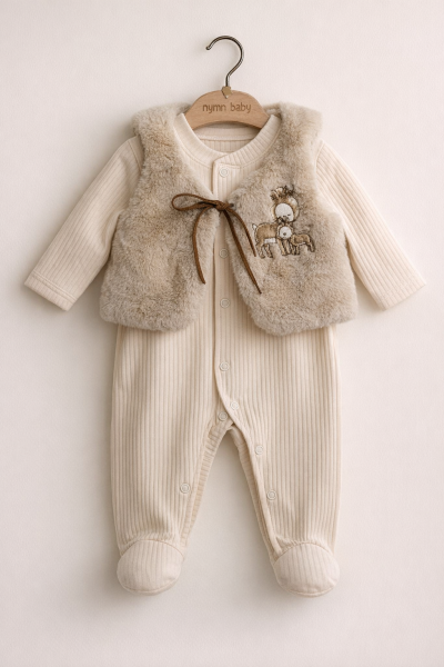  Salopetă tip vestă BYMURAT, 0-3-6-9-12 luni, brodată cu cerbi, A29