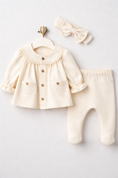 SET DE 3 PIESE BABY AURA 0-3 LUNI CU DANTELĂ ȘI BUZUNARE A36