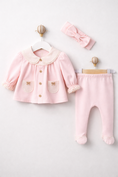SET DE 3 PIESE BABY AURA 0-3 LUNI CU DANTELĂ ȘI BUZUNARE A36