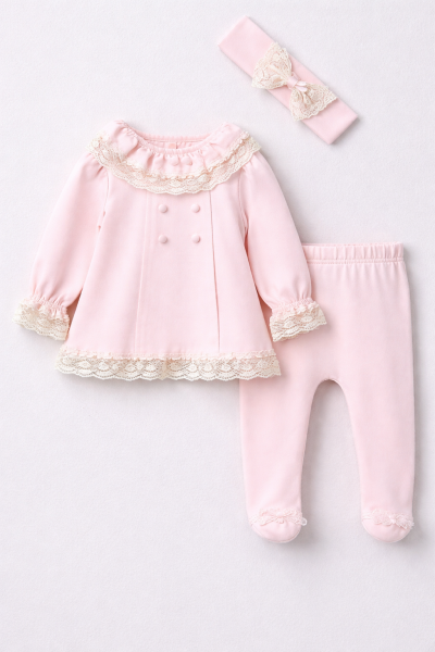 SET DE 3 PIESE BABY AURA 0-3 LUNI CU DANTELĂ ȘI BUZUNARE A36
