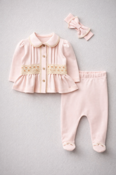 SET DE 3 PIESE BABY AURA 0-3 LUNI CU DANTELĂ ȘI BUZUNARE A34